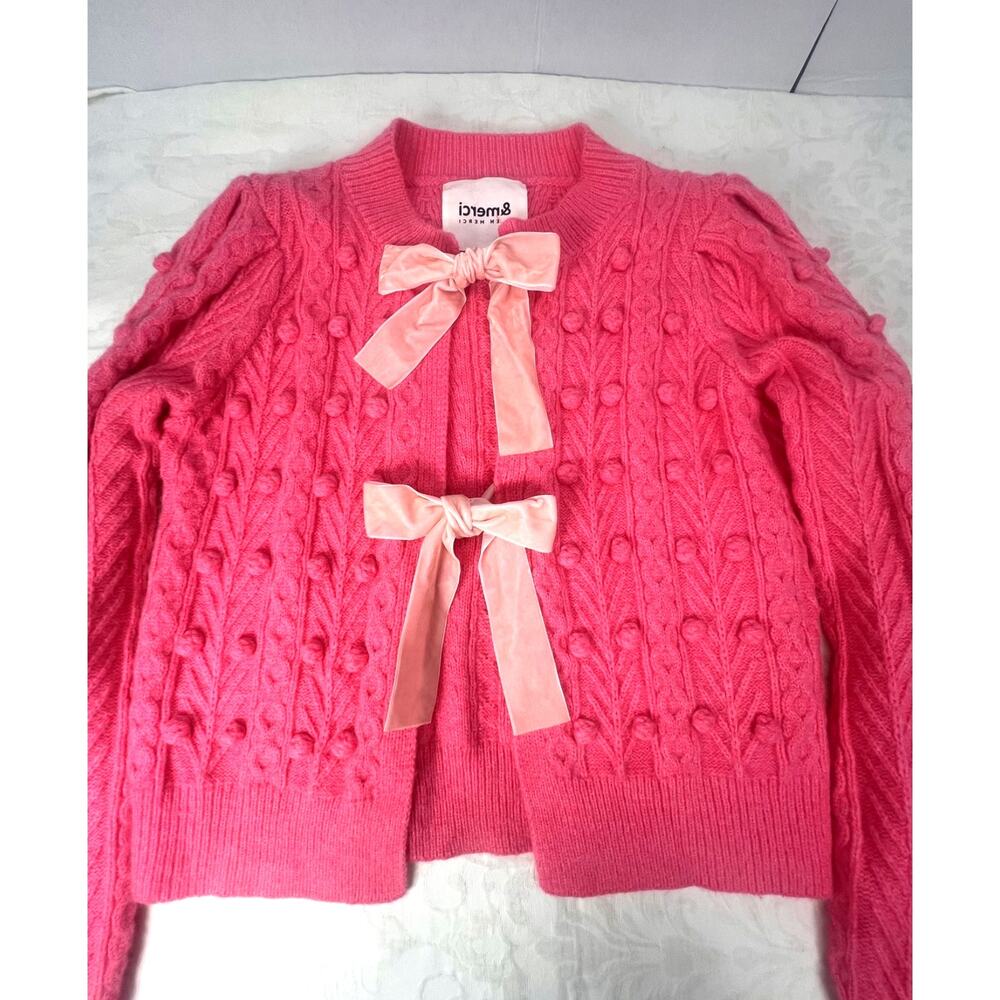 &merci Pink Bobble Knit Cardigan Sweater Velvet Bow Ties Womens M